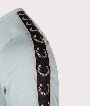 Fred Perry Contrast Tape Ringer T-Shirt in SIlver Blue and Warm Grey, 100% Cotton Shoulder Shot at EQVVS