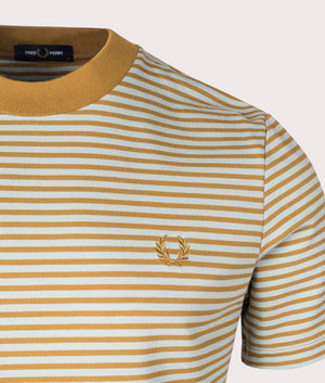 Fine Stripe Heavy Weight T-Shirt in Dark Caramelam by Fred Perry. EQVVS Detail Shot.