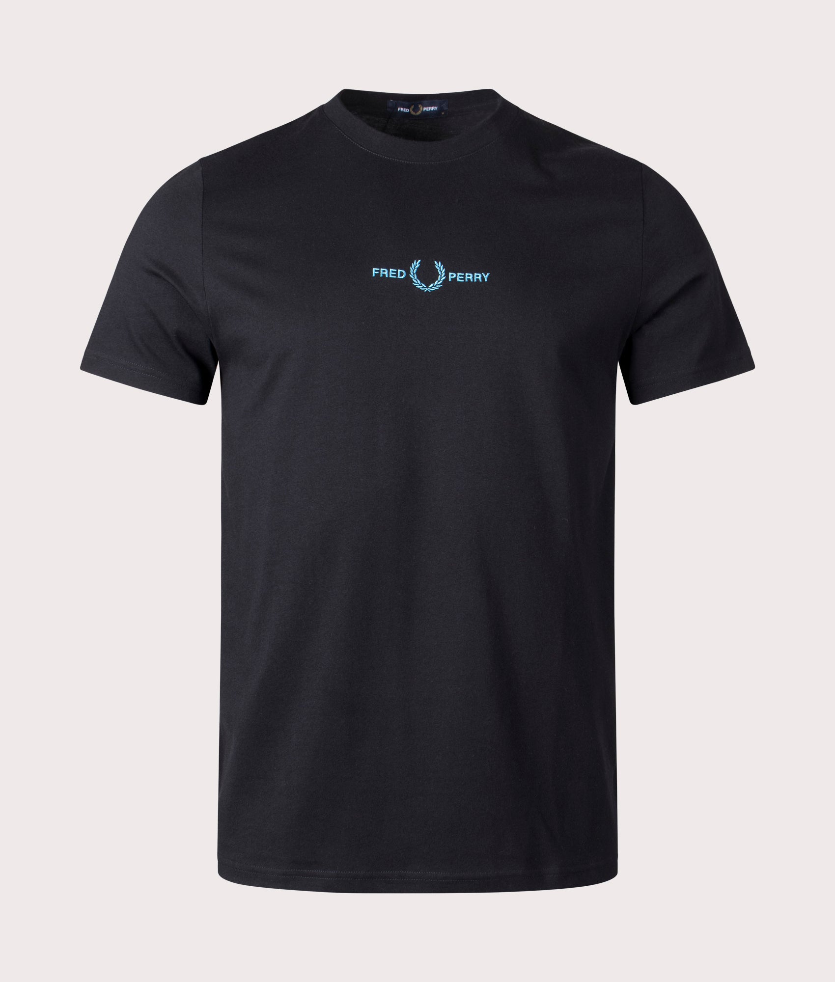 Fred Perry Embroidered T-Shirt in Black with Blue Branding on the Chest. 100% Cotton Front Shot at EQVVS