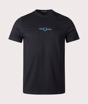 Fred Perry Embroidered T-Shirt in Black with Blue Branding on the Chest. 100% Cotton Front Shot at EQVVS