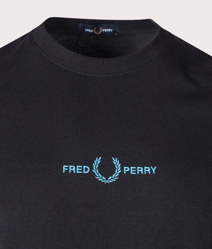 Fred Perry Embroidered T-Shirt in Black with Blue Branding on the Chest. 100% Cotton Detail Shot at EQVVS
