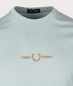 Fred Perry Embroidered T-Shirt in Silver Blue, 100% Cotton Detail Shot at EQVVS