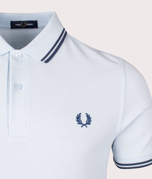 Twin Tipped Fred Perry Shirt in Light Ice/ Midnight Blue. EQVVS Detail Shot.