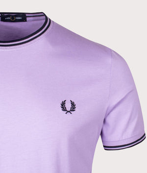 Fred Perry Twin Tipped T-Shirt in Ultra Violet/Navy, 100% Cotton at EQVVS. Detailed Logo Shot. 