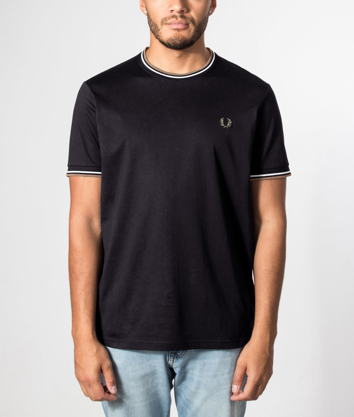 Fred Perry Twin Tipped T-Shirt in Black wih Ecru and Laurel green details, 100% Cotton at EQVVS. Front model Shot.