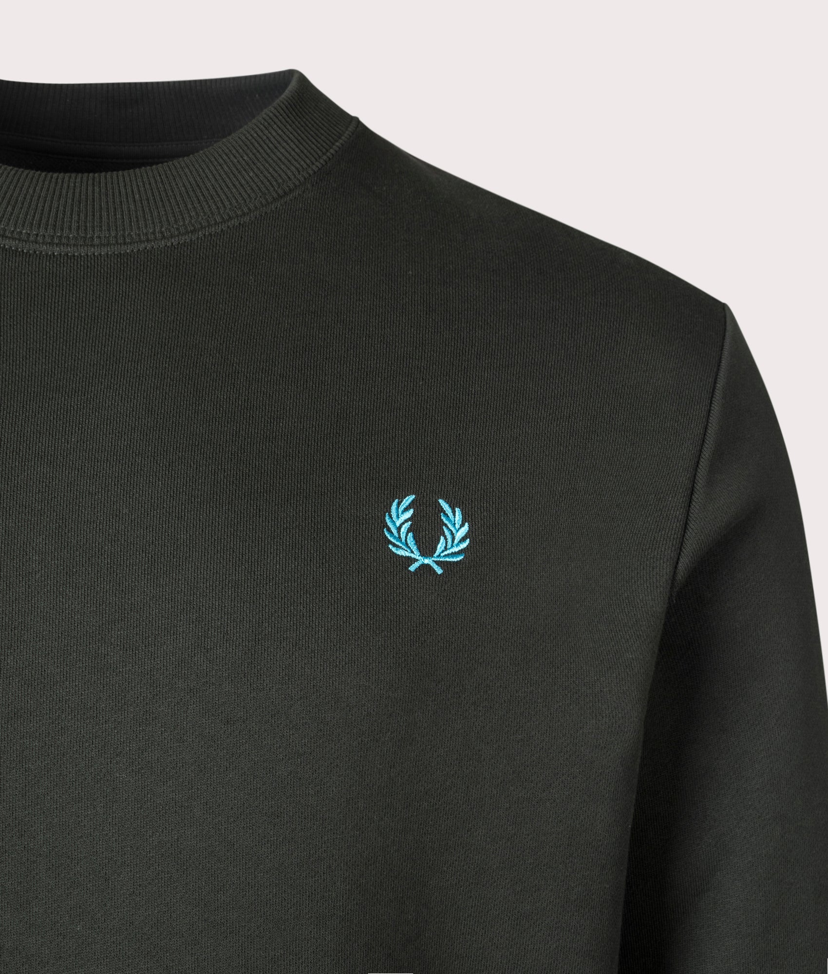 Crew Neck Sweatshirt in Night Green and Ocean by Fred Perry. EQVVS Menswear Detail Shot. 
