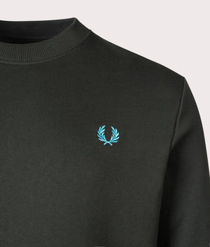 Crew Neck Sweatshirt in Night Green and Ocean by Fred Perry. EQVVS Menswear Detail Shot. 