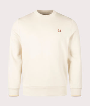 Fred Perry Crew Neck Sweatshirt in Oatmeal/Whiskey Brown. Shot at EQVVS. Front image. 