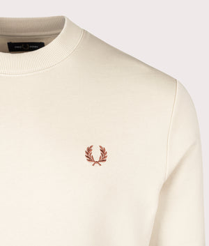 Fred Perry Crew Neck Sweatshirt in Oatmeal/Whiskey Brown. Shot at EQVVS. Detail image. 