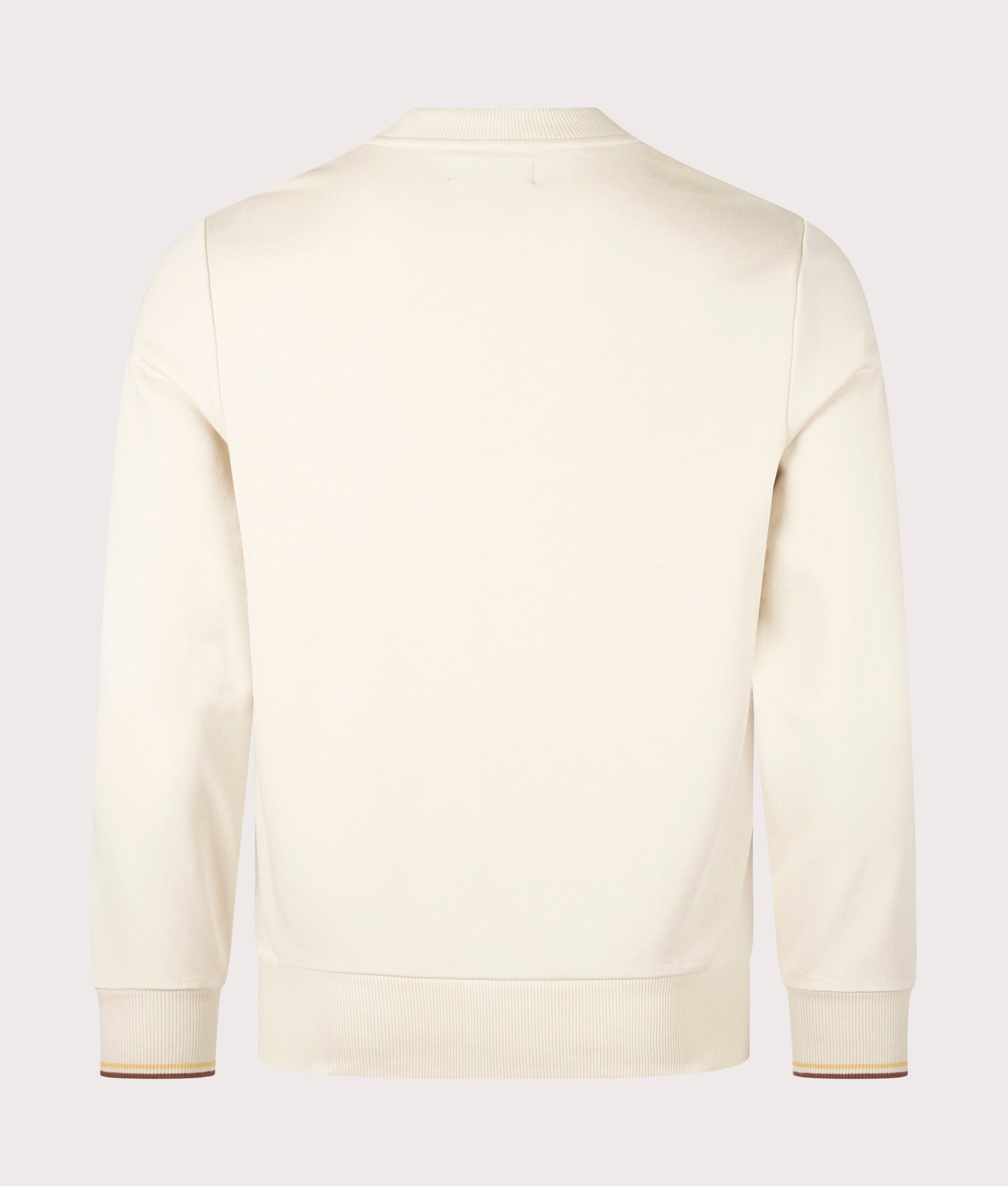 Fred Perry Crew Neck Sweatshirt in Oatmeal/Whiskey Brown. Shot at EQVVS. Reverse image. 