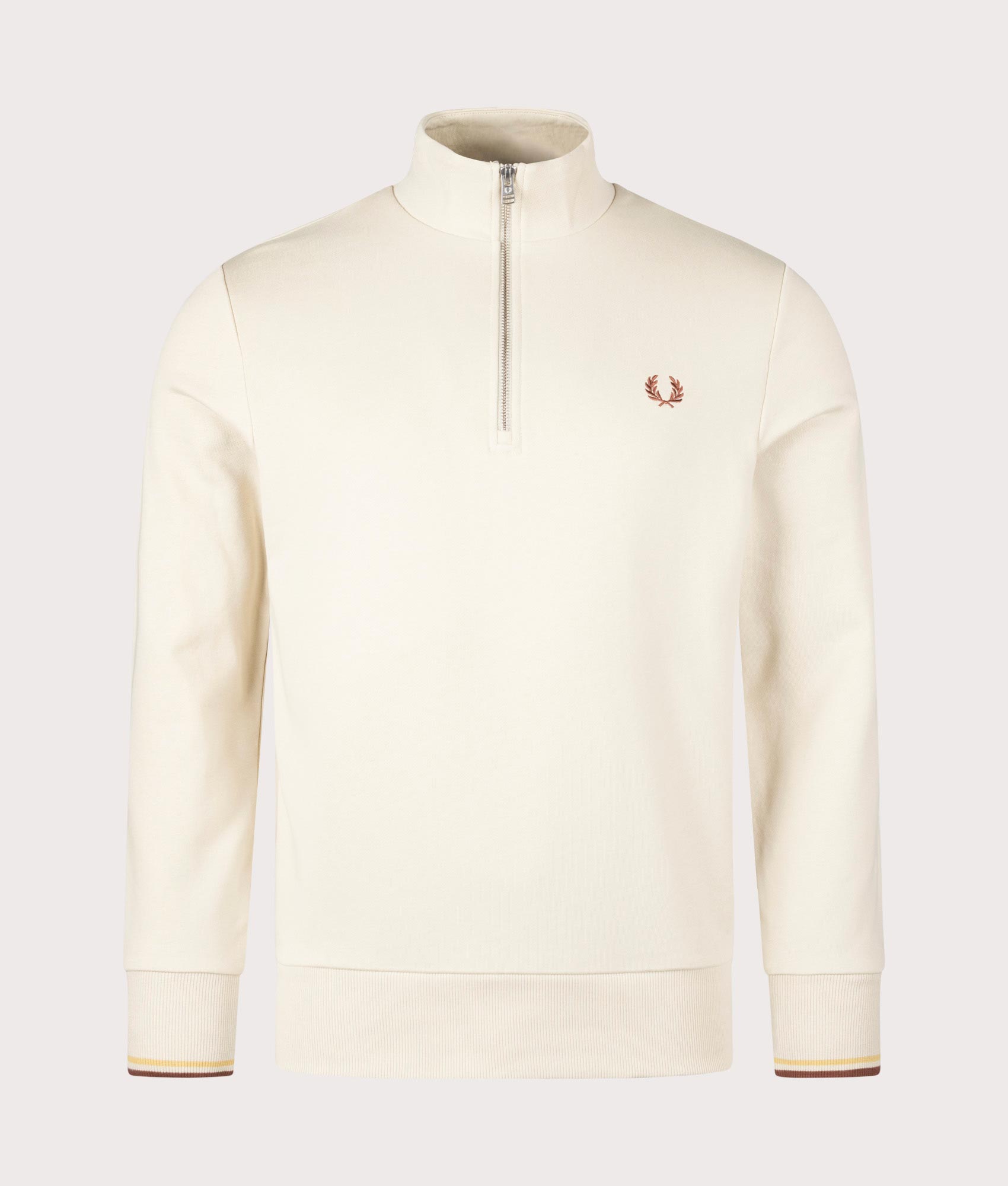Quarter Zip Sweatshirt in Oatmeal by Fred Perry. EQVVS Shot. 