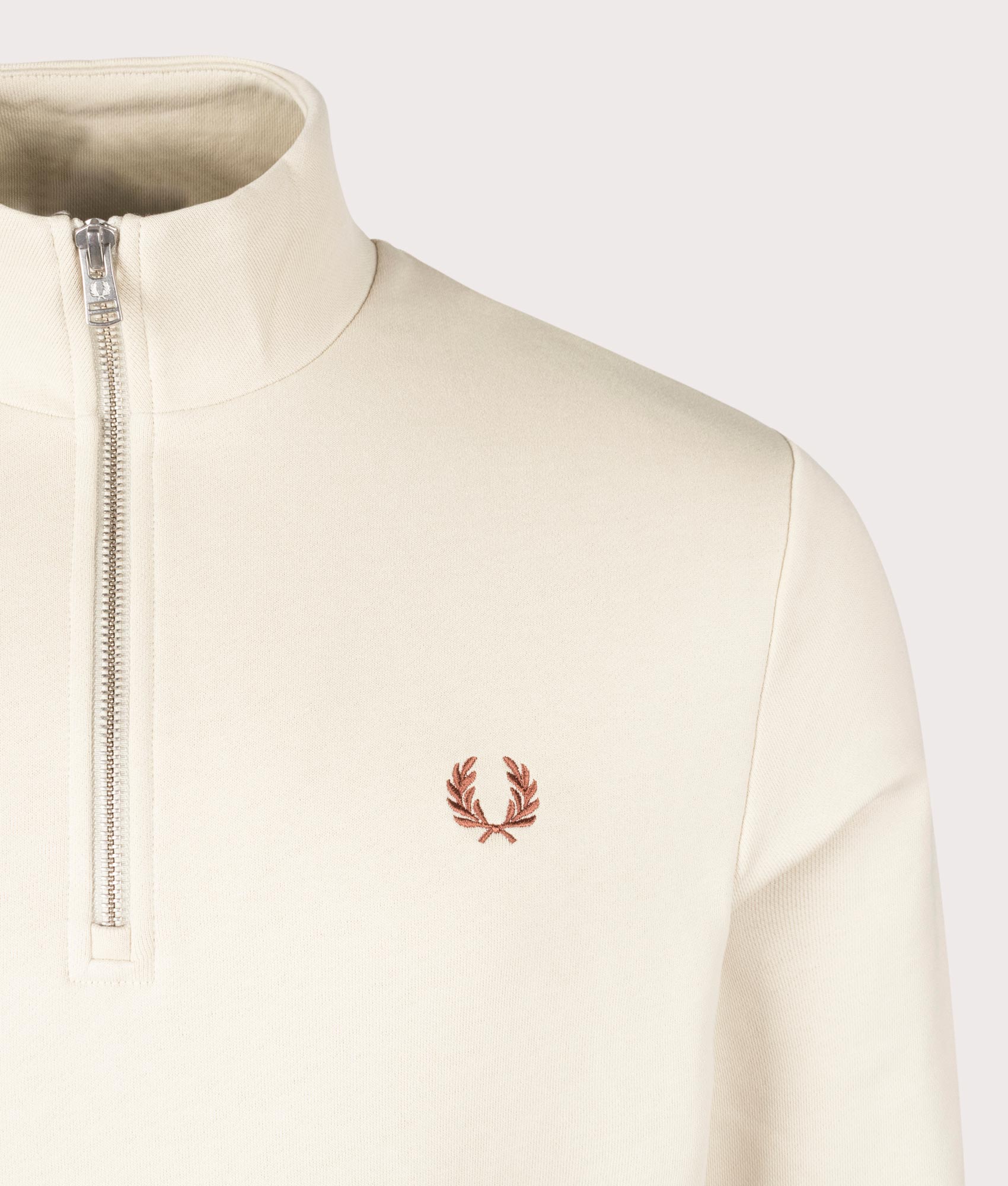 Quarter Zip Sweatshirt in Oatmeal by Fred Perry. EQVVS Shot.