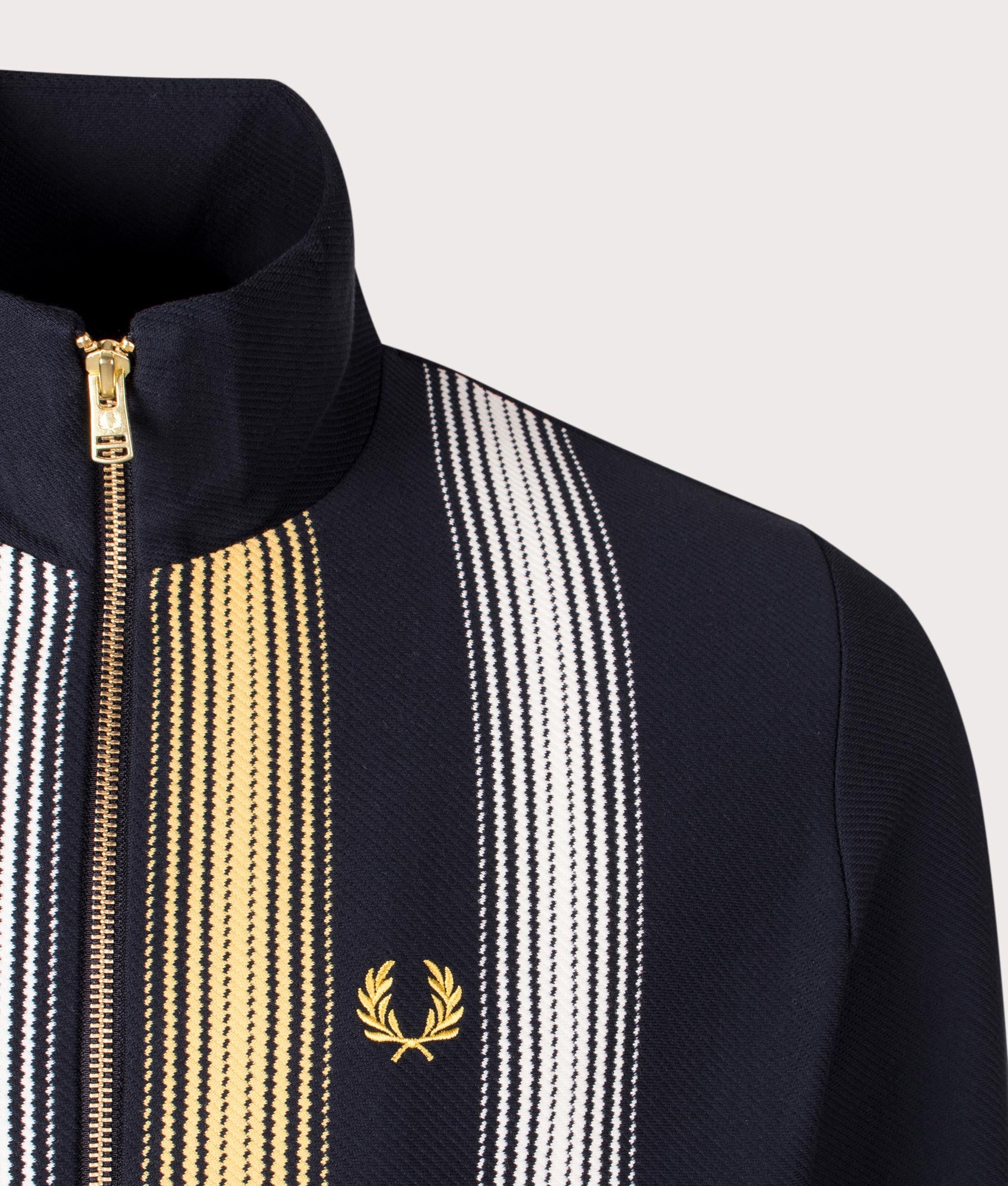 Ombre Stripe Track Top by Fred Perry in Navy. Shot at EQVVS. Detail shot. 