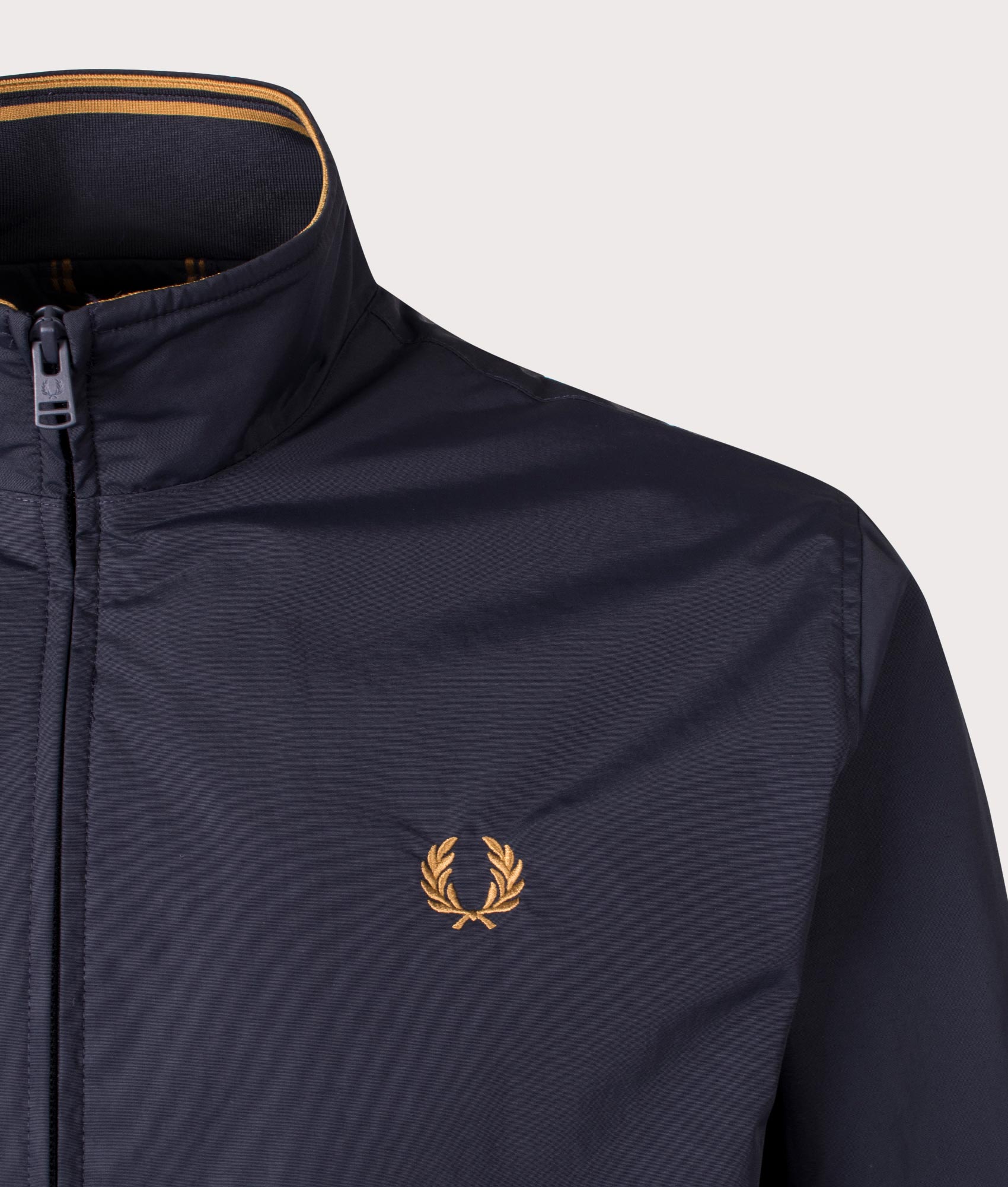 Fred Perry Brentham Jacket in Navy at EQVVS Menswear. Detailed shot. 