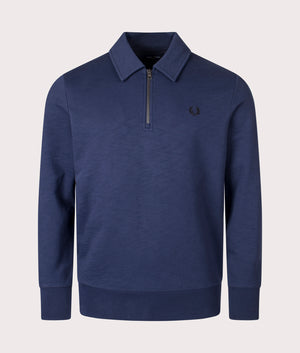 The Fred Perry Quarter Zip Collar Sweatshirt in Dark Carbon. Front angle shot at EQVVS.