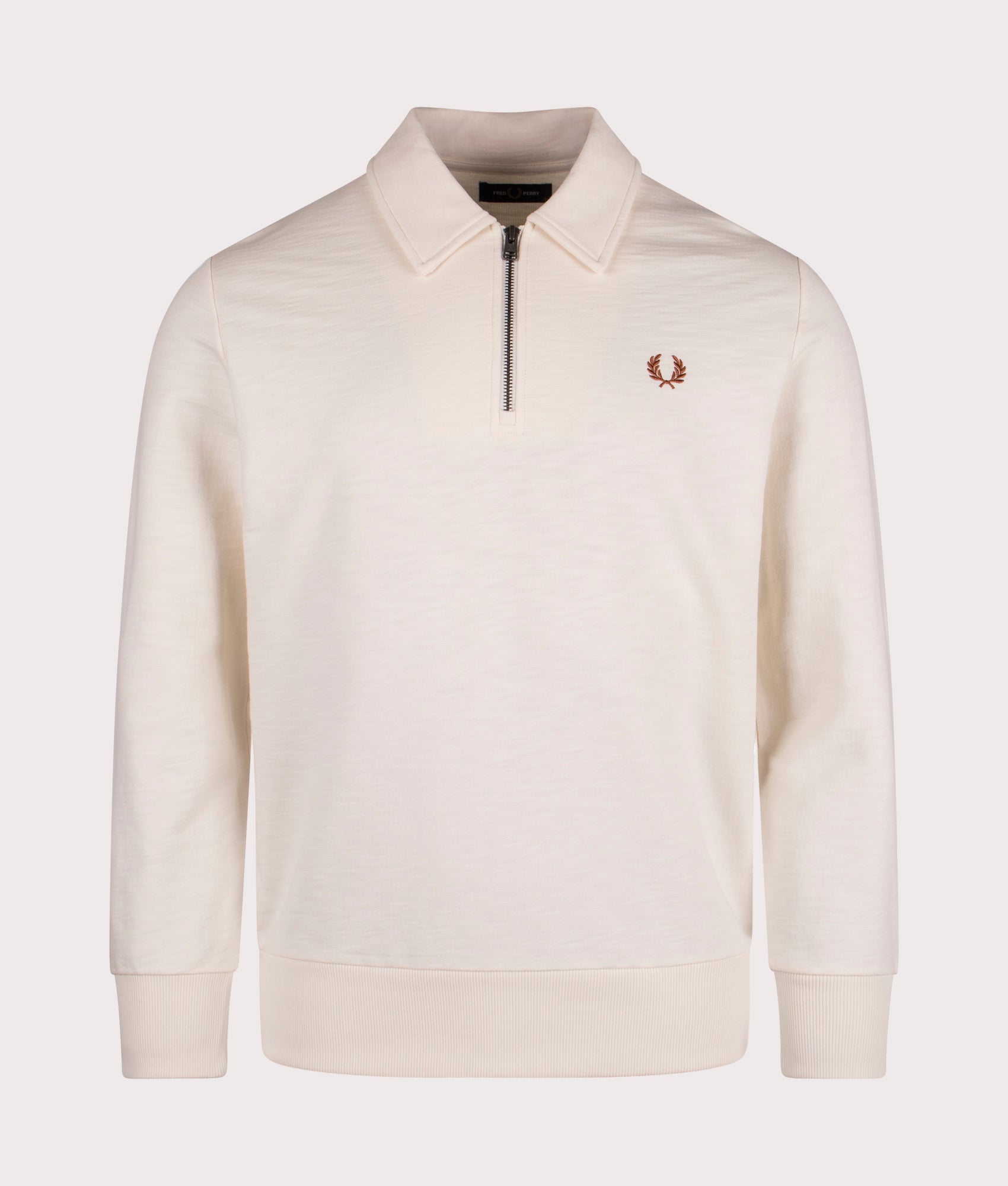 Fred Perry Quarter Zip Collar Sweatshirt in 560 Ecru, 100% Cotton. At EQVVS Menswear. Front detail shot