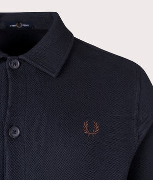 Navy Polo Style Overshirt by Fred Perry. Shot at EQVVS. Detail shot. 