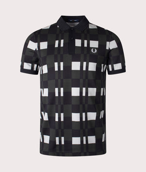 The Fred Perry Split Chequerboard Print Polo Shirt in Limestone. Front angle shot at EQVVS.