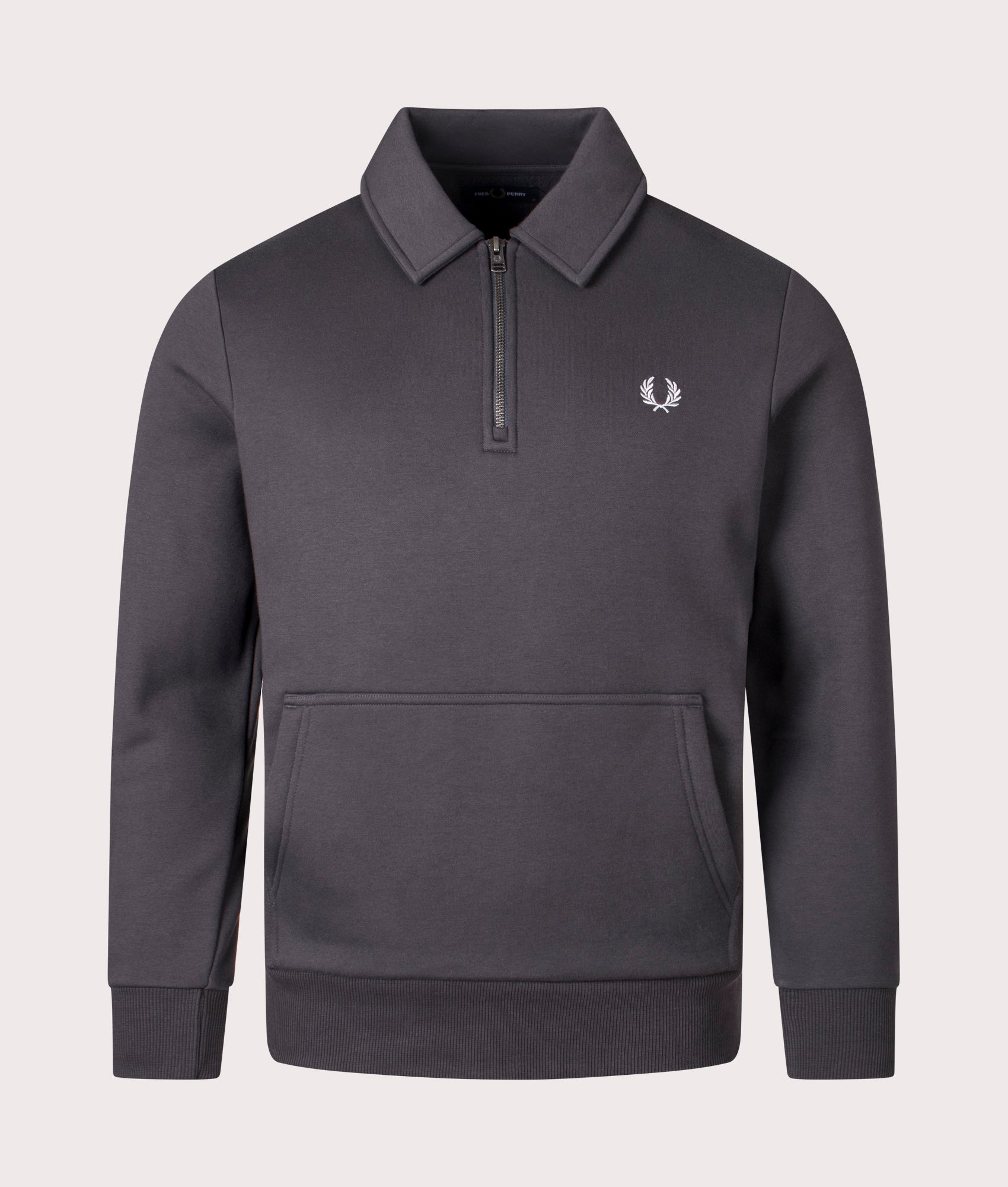 Fred Perry Quarter Zip Fleeceback Sweatshirt in Anchor Grey, 100% Cotton. At EQVVS Menswear. Front detail shot