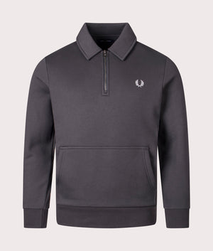 Fred Perry Quarter Zip Fleeceback Sweatshirt in Anchor Grey, 100% Cotton. At EQVVS Menswear. Front detail shot