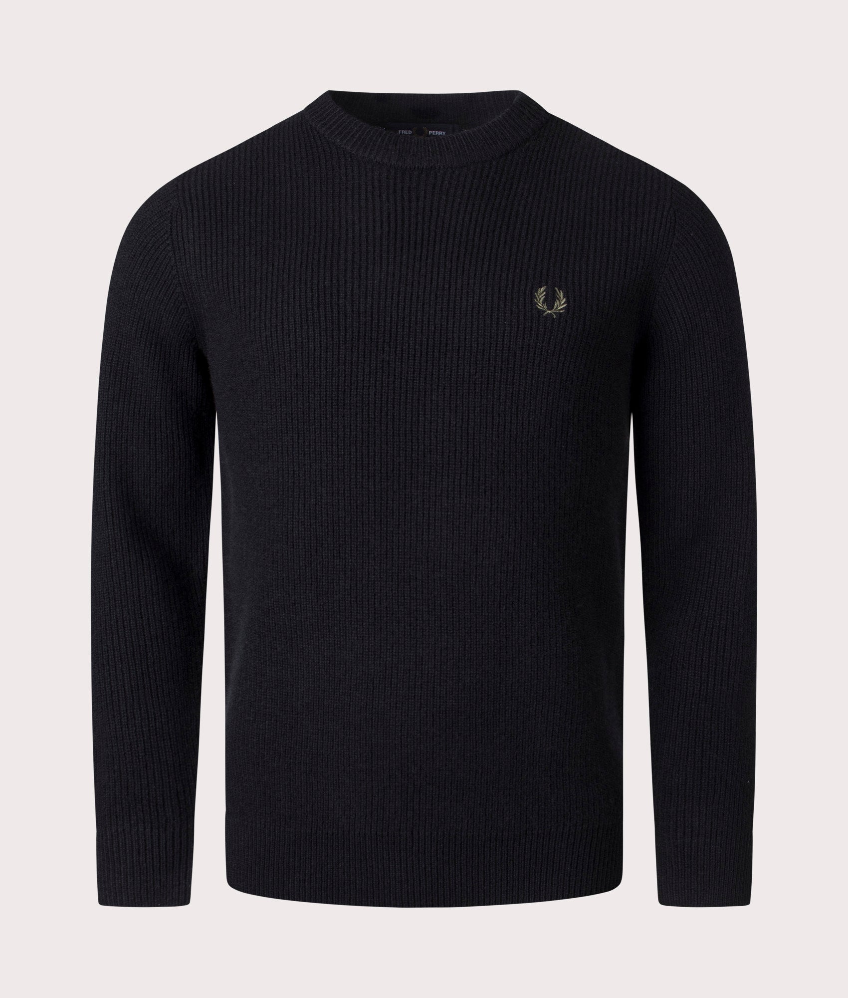 Fred Perry 100% Lambswool Jumper in Black at EQVVS. Front Shot. 