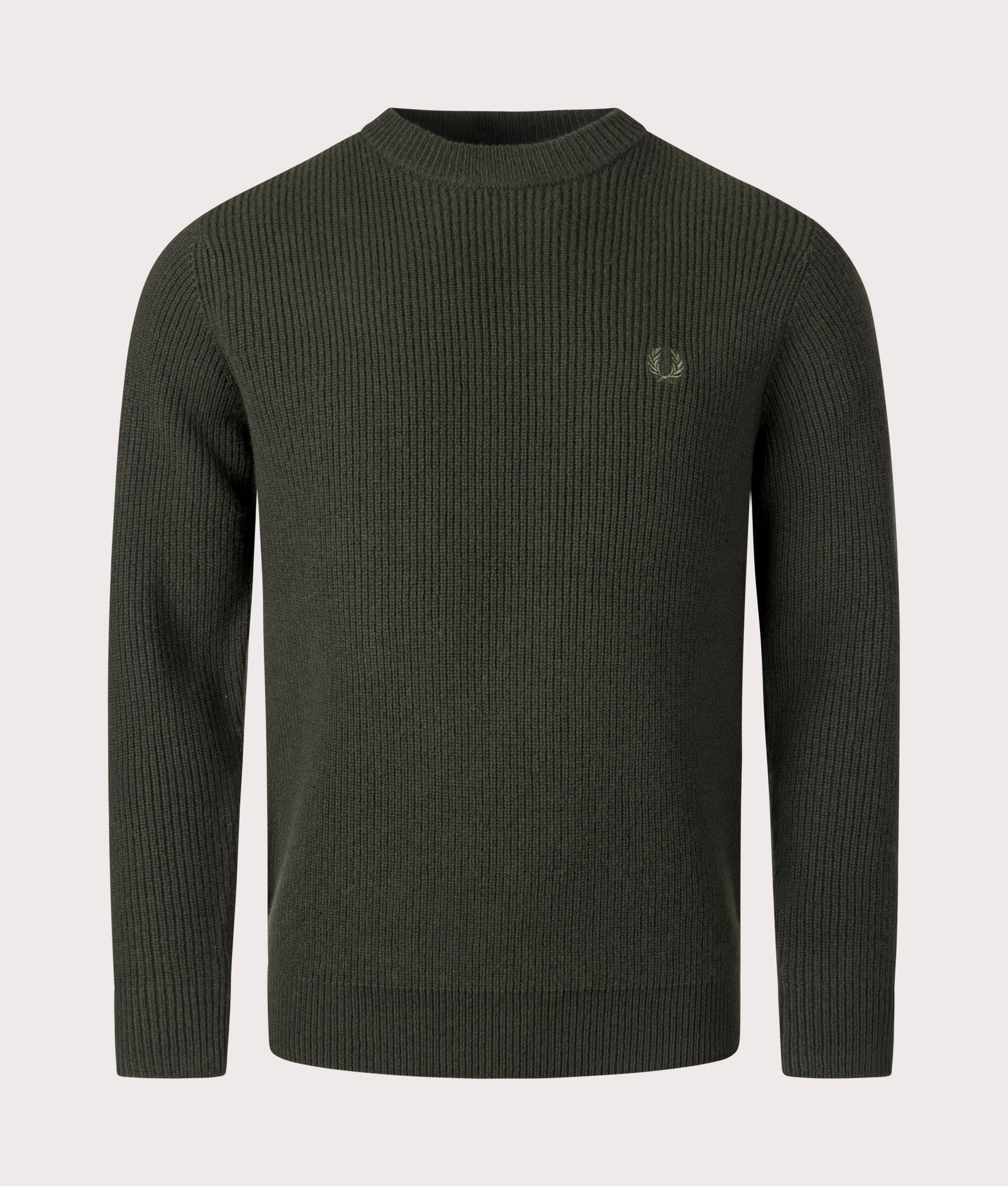 Fred Perry Lambswool Jumper in Hunting Green, 100% Lambswool at EQVVS. Front Shot. 