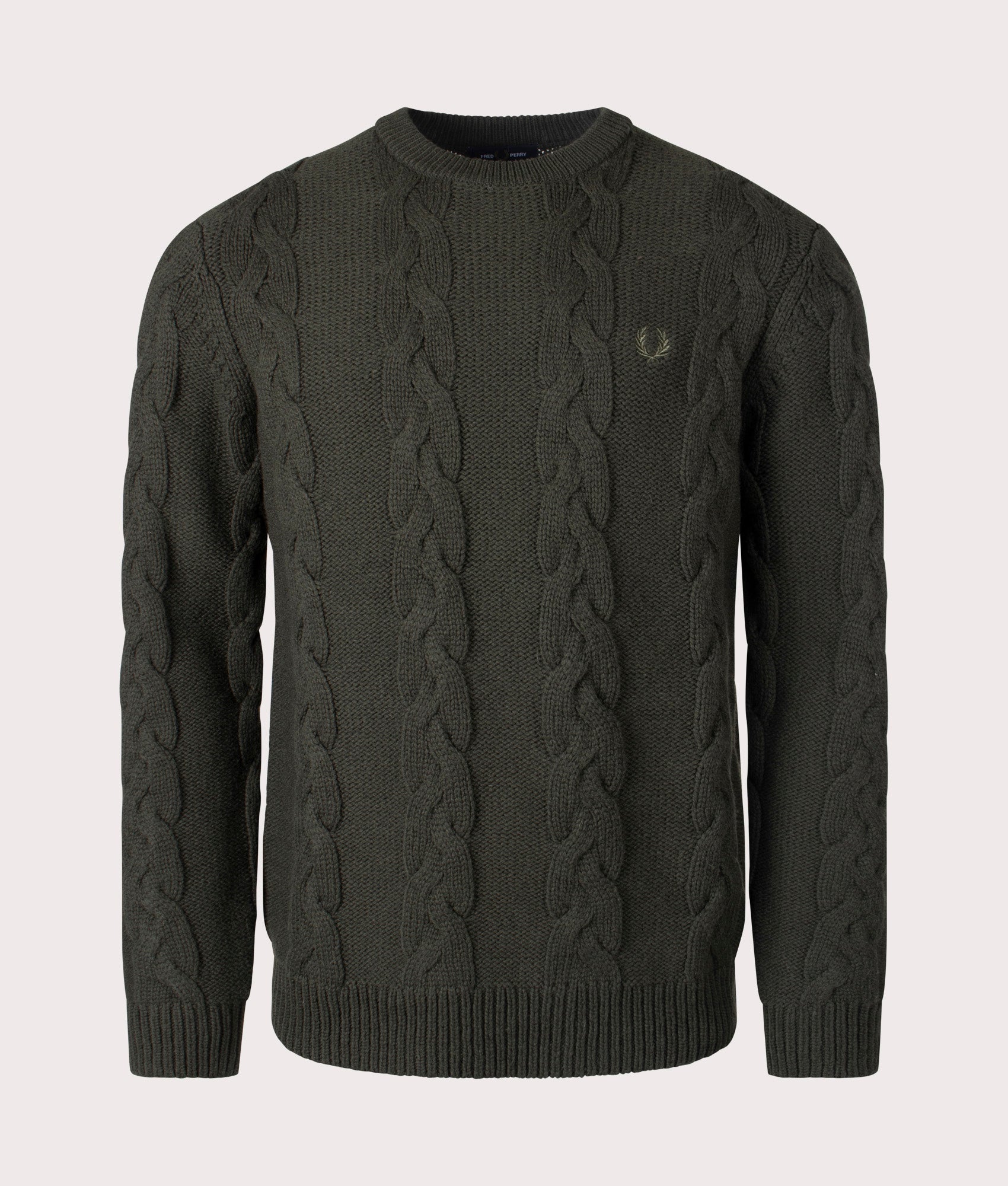Fred Perry Chunky Cable Knit Jumper in 408 Hunting Green, Lambswool/Recycled Polyamide. At EQVVS Menswear. Front detail shot
