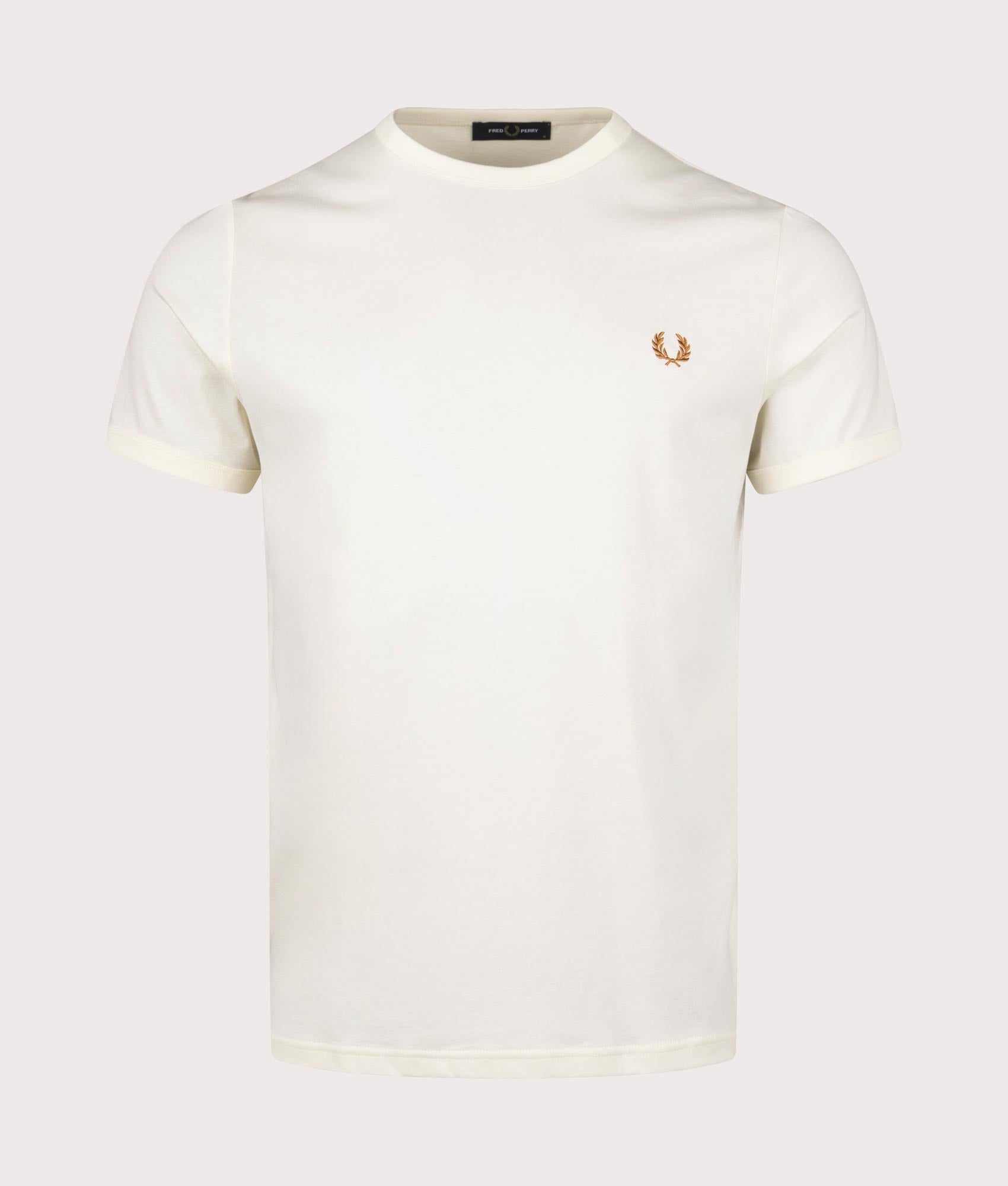 Fred Perry Ringer T-Shirt in F79 Ecru, 100% Cotton. At EQVVS Menswear. Font detail shot