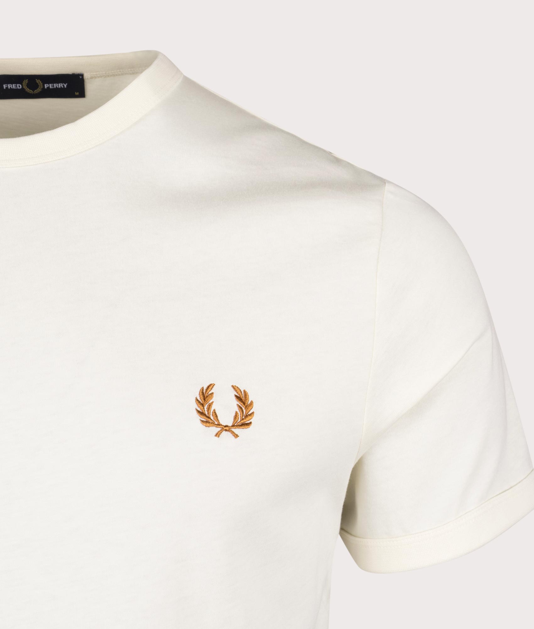 Fred Perry Ringer T-Shirt in F79 Ecru, 100% Cotton. At EQVVS Menswear. Font logo shot
