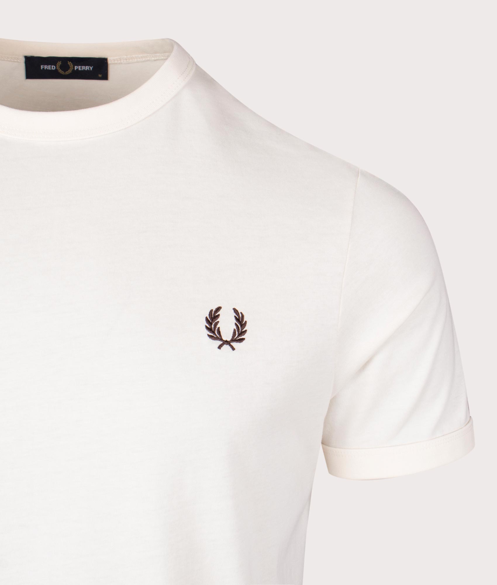 Fred Perry Contrast Tape Ringer T-Shirt in Ecru/Carrington Road Brick, 100% Cotton. At EQVVS Menswear. Front logo shot 