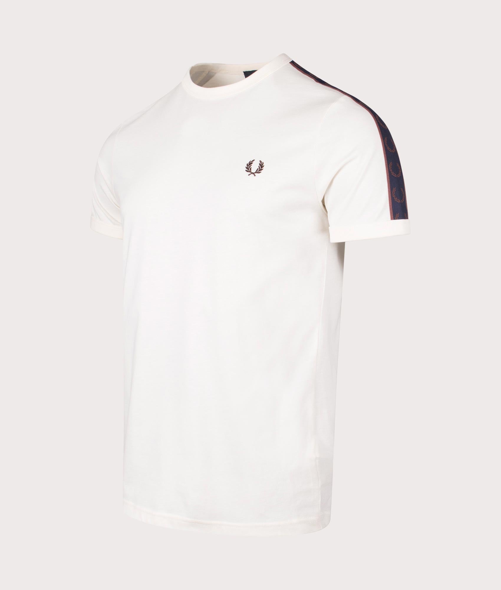 Fred Perry Contrast Tape Ringer T-Shirt in Ecru/Carrington Road Brick, 100% Cotton. At EQVVS Menswear. Front angle detail shot 