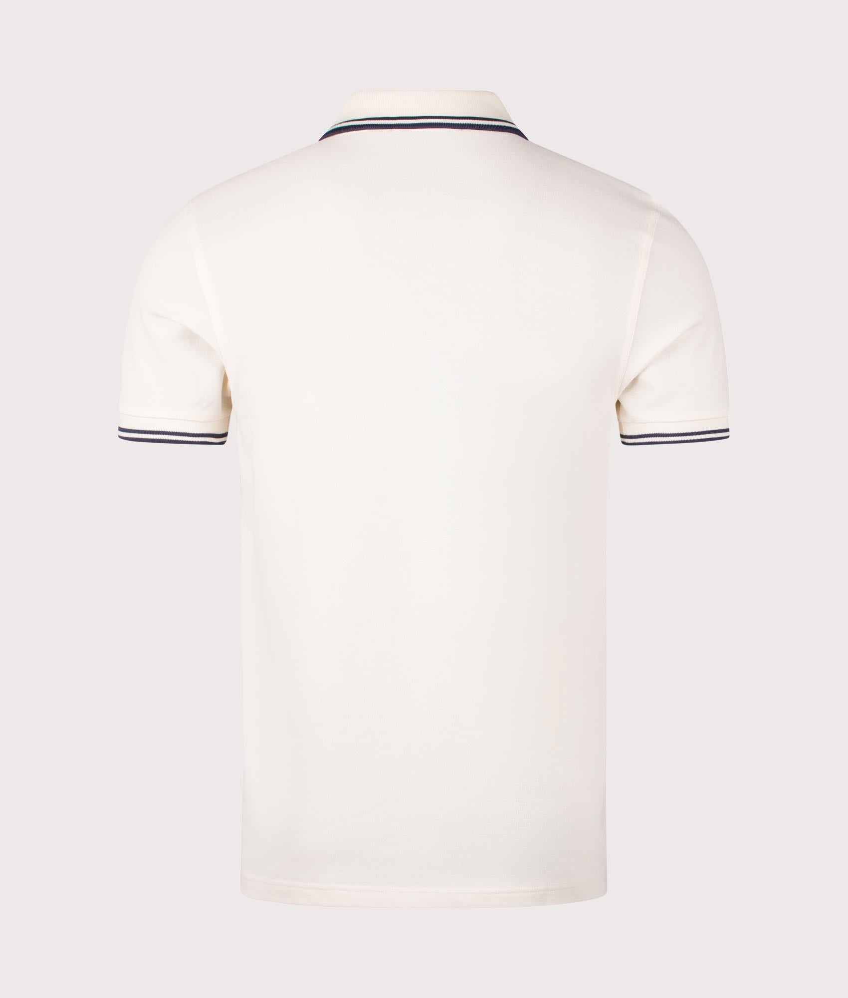 Fred Perry Twin Tipped Polo Shirt in Ecru/Tennis Blue, 100% Cotton at EQVVS. Back shot.