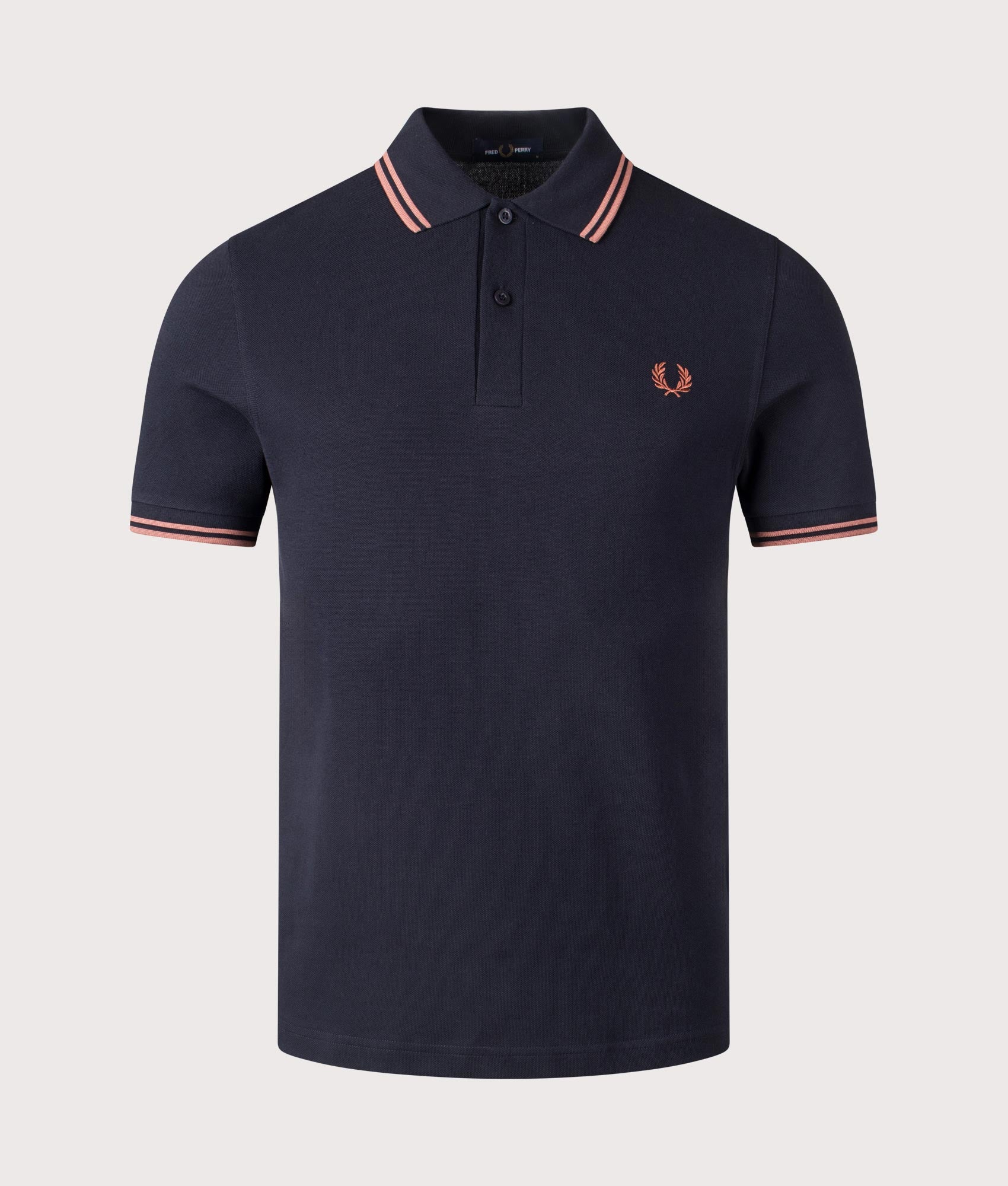 Fred Perry Twin Tipped Polo Shirt in Navy Blue/Cinnamon. Shot at EQVVS.  Front shot. 