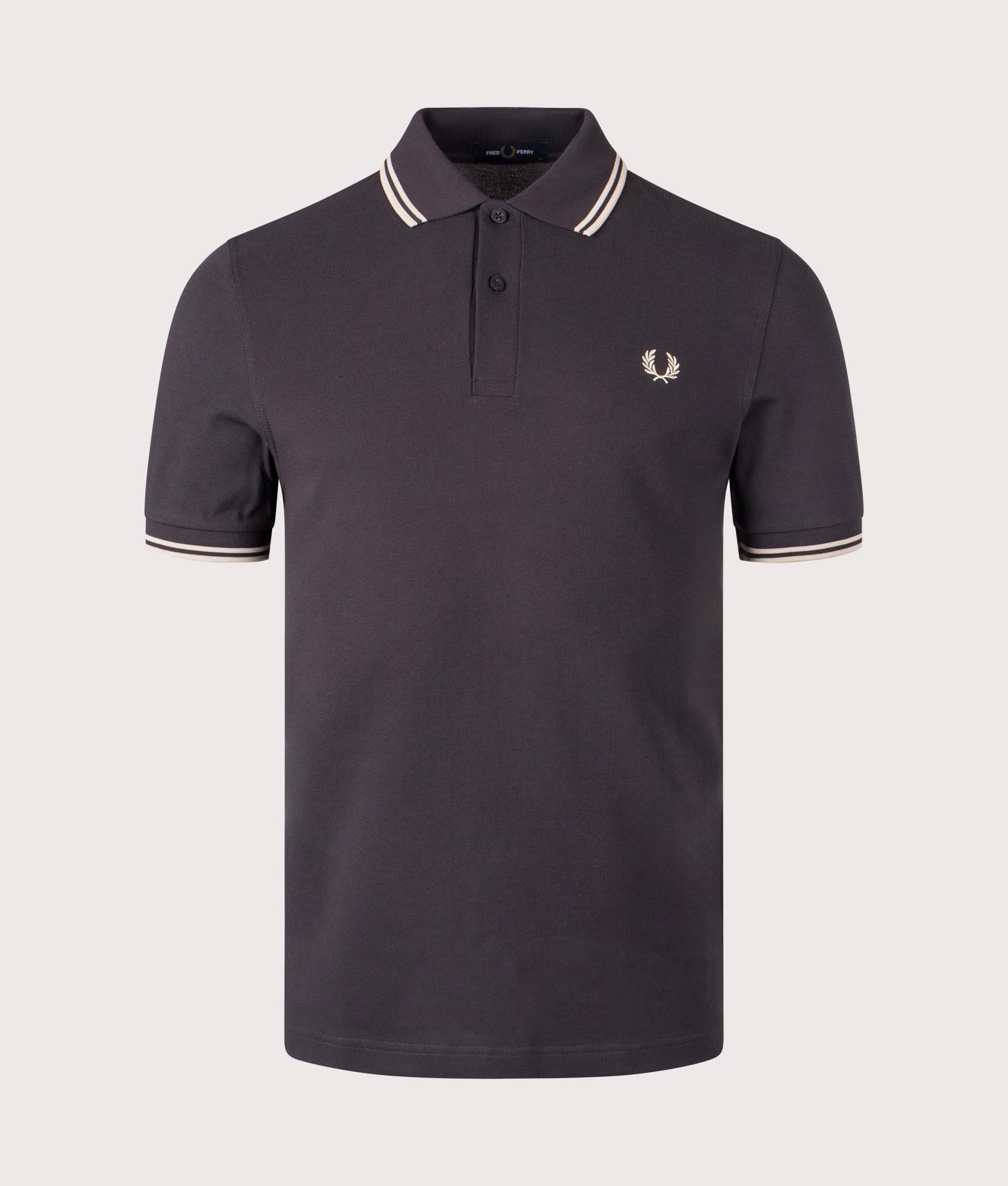 Fred Perry Twin Tipped Polo Shirt in Anchor Grey. Shot at EQVVS.  Front shot. 