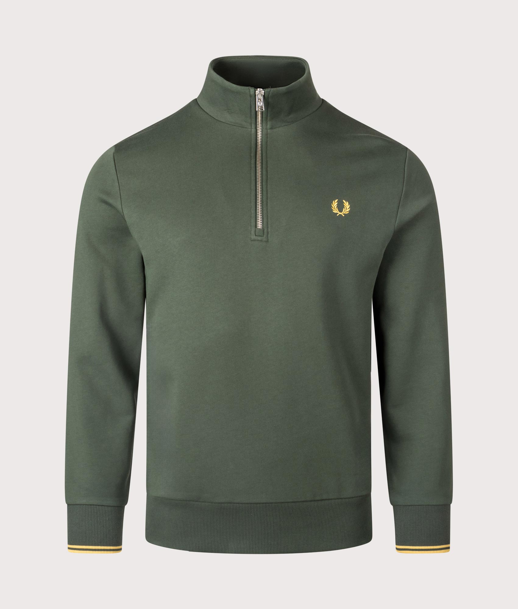 Fred Perry, Quarter Zip Sweatshirt, Court green, Eqvvs Menswear, front shot angle