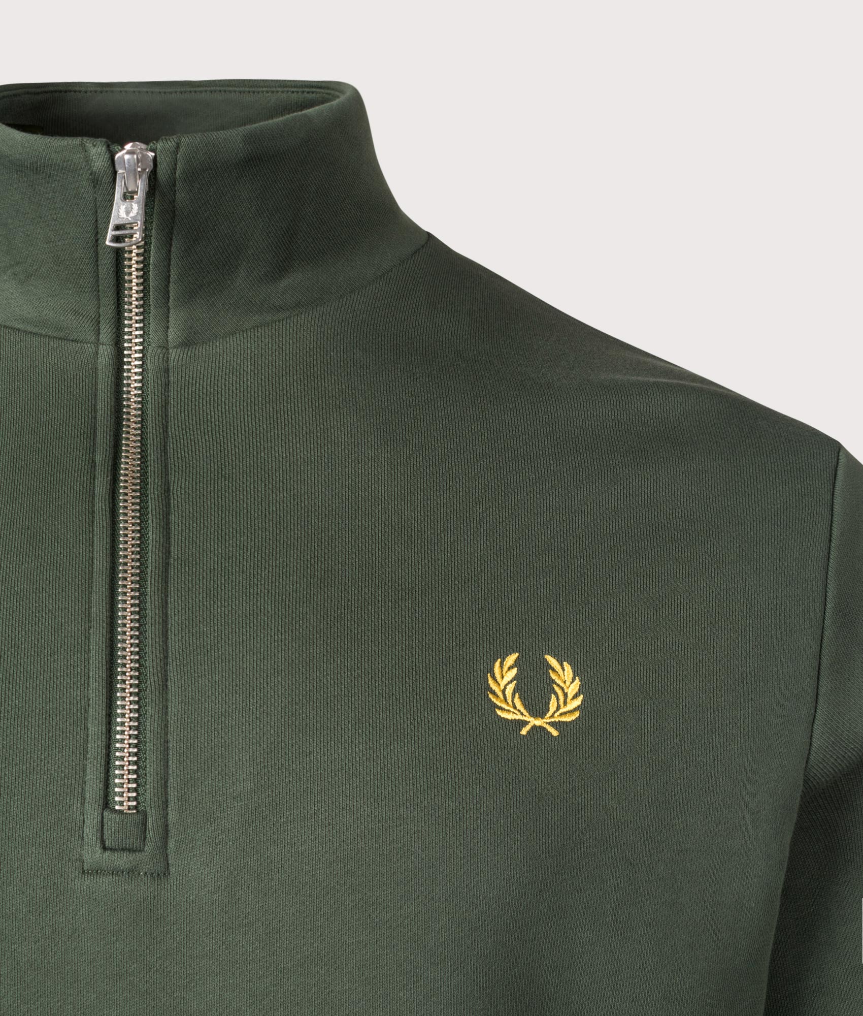 Fred Perry, Quarter Zip Sweatshirt, Court green, Eqvvs Menswear, detailed shot angle