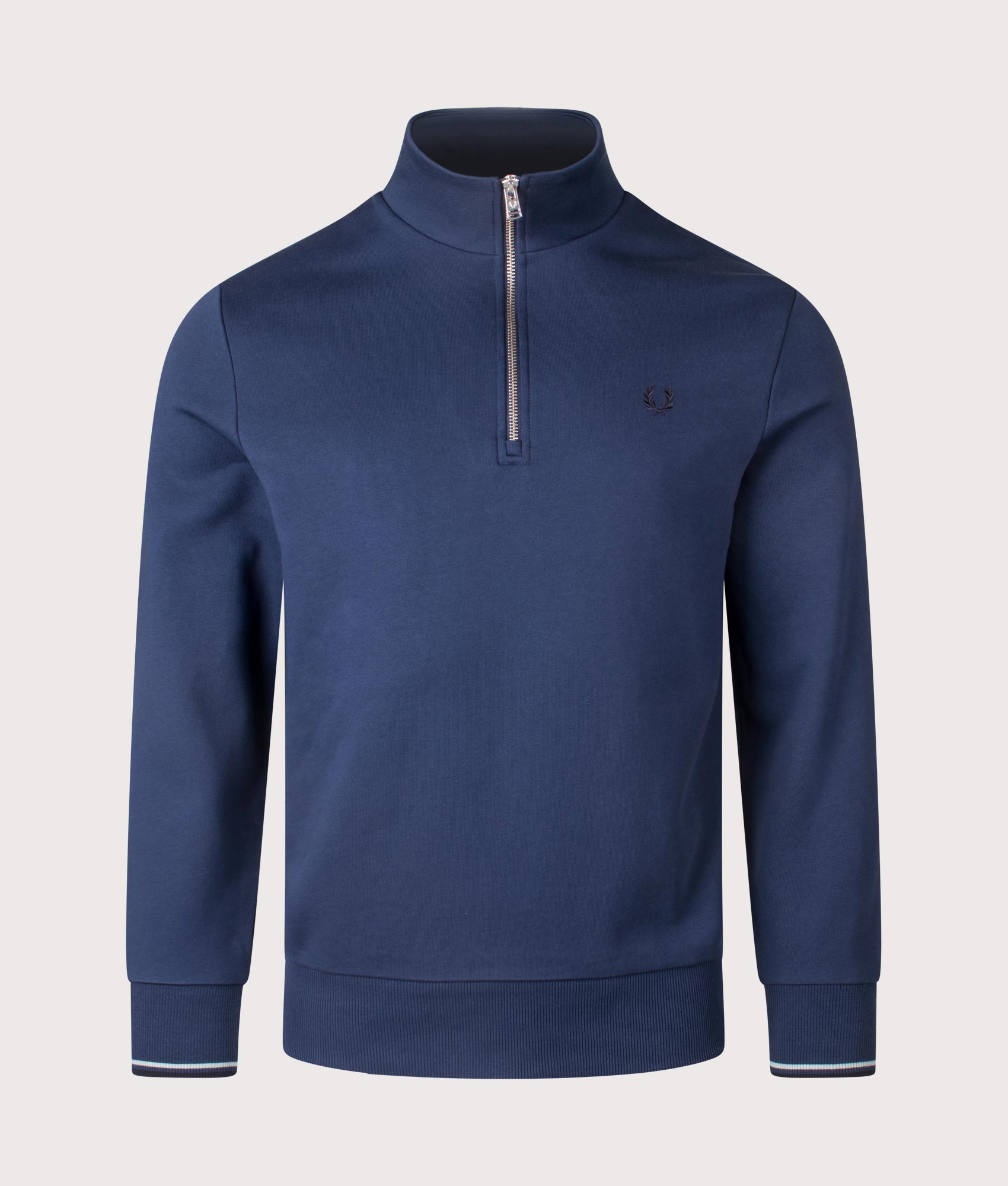 Fred Perry, Quarter Zip Sweatshirt, Tennis Blue, Eqvvs Menswear, front shot angle
