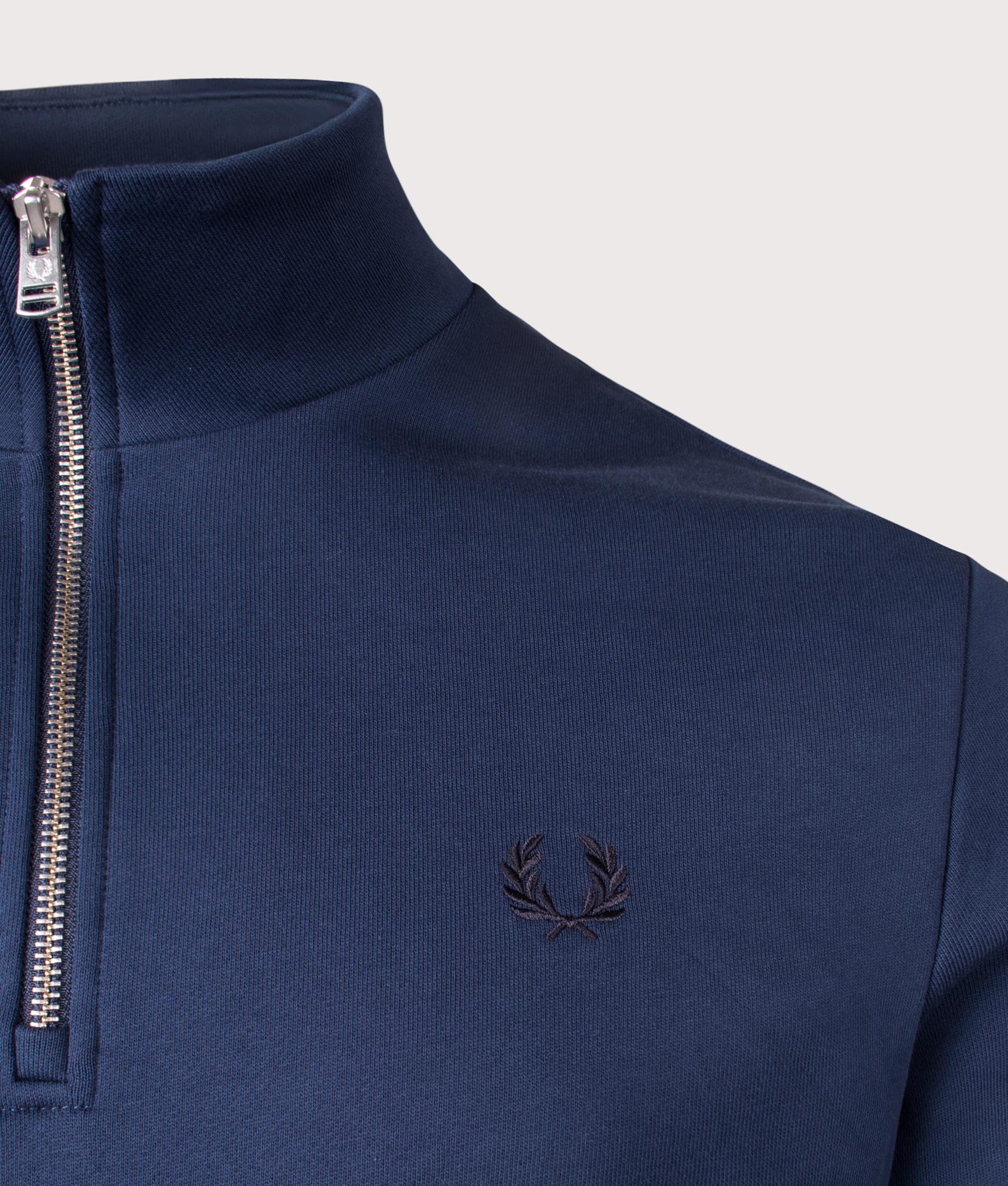 Fred Perry, Quarter Zip Sweatshirt, Tennis Blue, Eqvvs Menswear, detailed shot angle