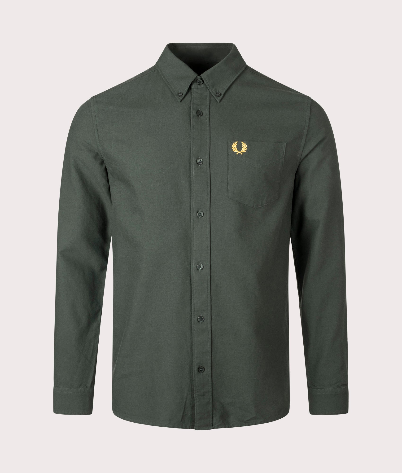 Fred Perry Oxofrd Shirt in Court Green at EQVVS. Front Shot.
