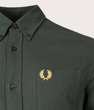 Fred Perry Oxofrd Shirt in Court Green at EQVVS. Detail Shot.
