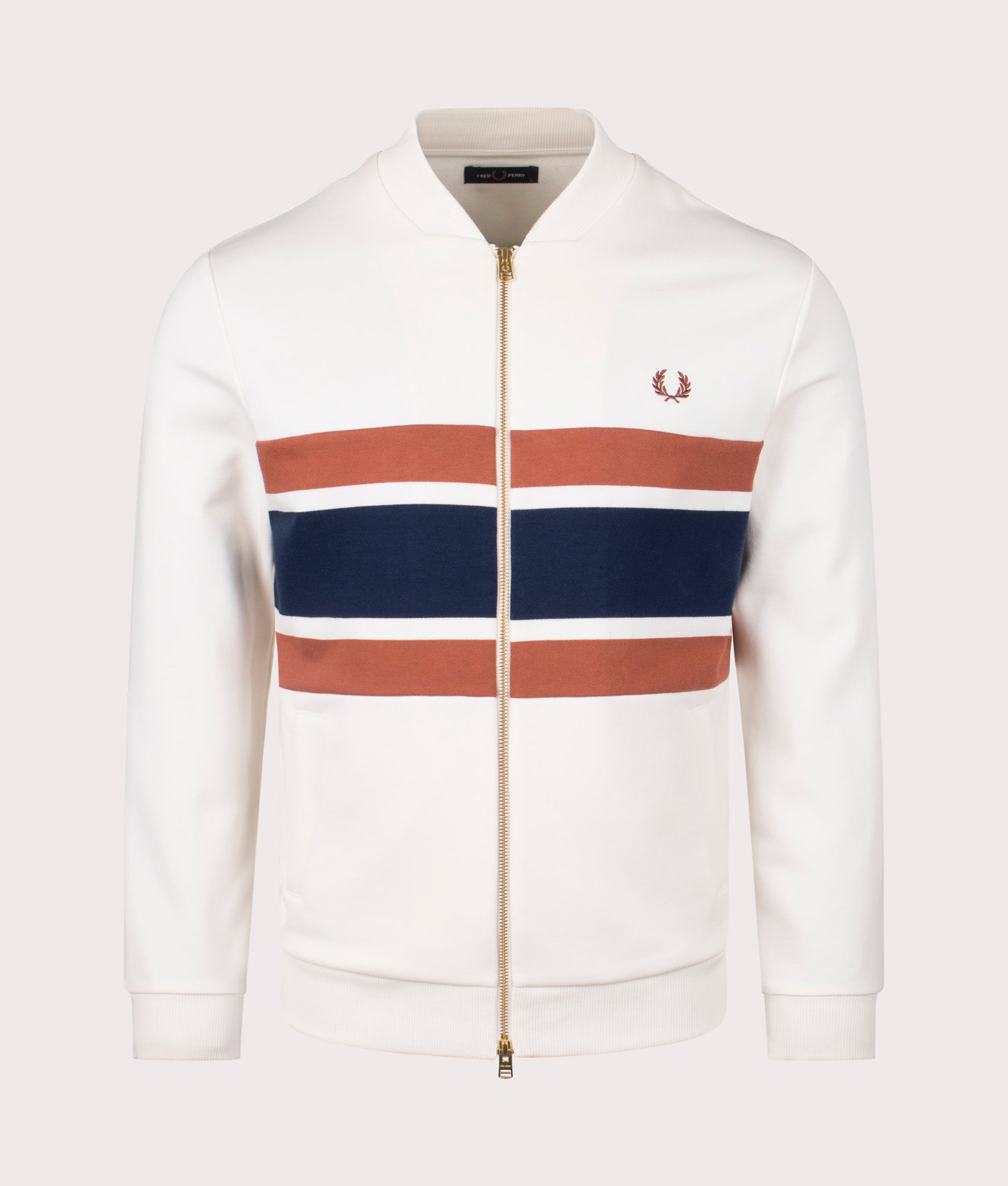 Fred Perry Panelled Zip Through Sweatshirt in Light Ecru. Shot at EQVVS. Front shot. 