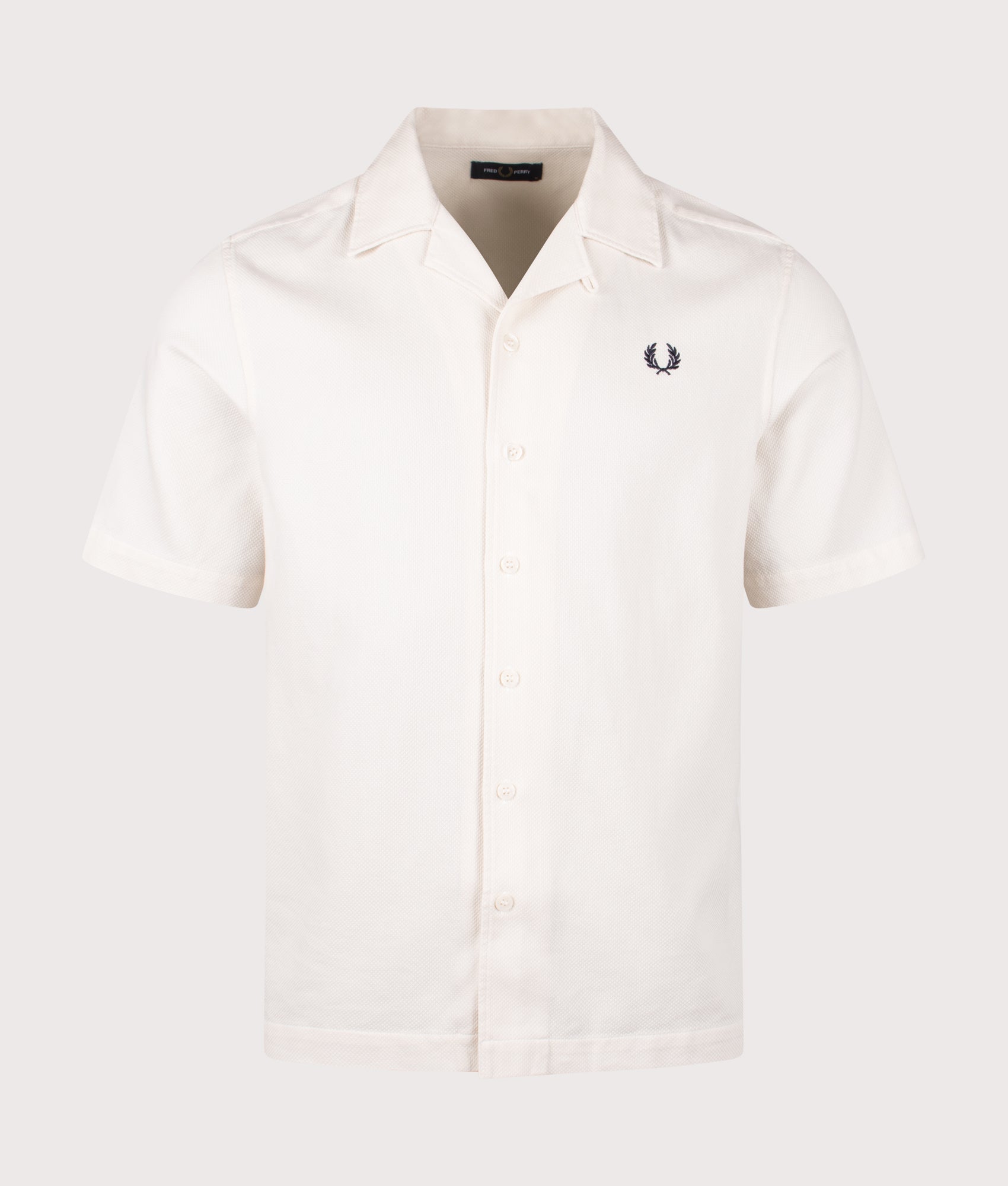 Fred Perry Pique Texture Revere Collar Shirt in Ecru. Shot at EQVVS.  Front shot. 