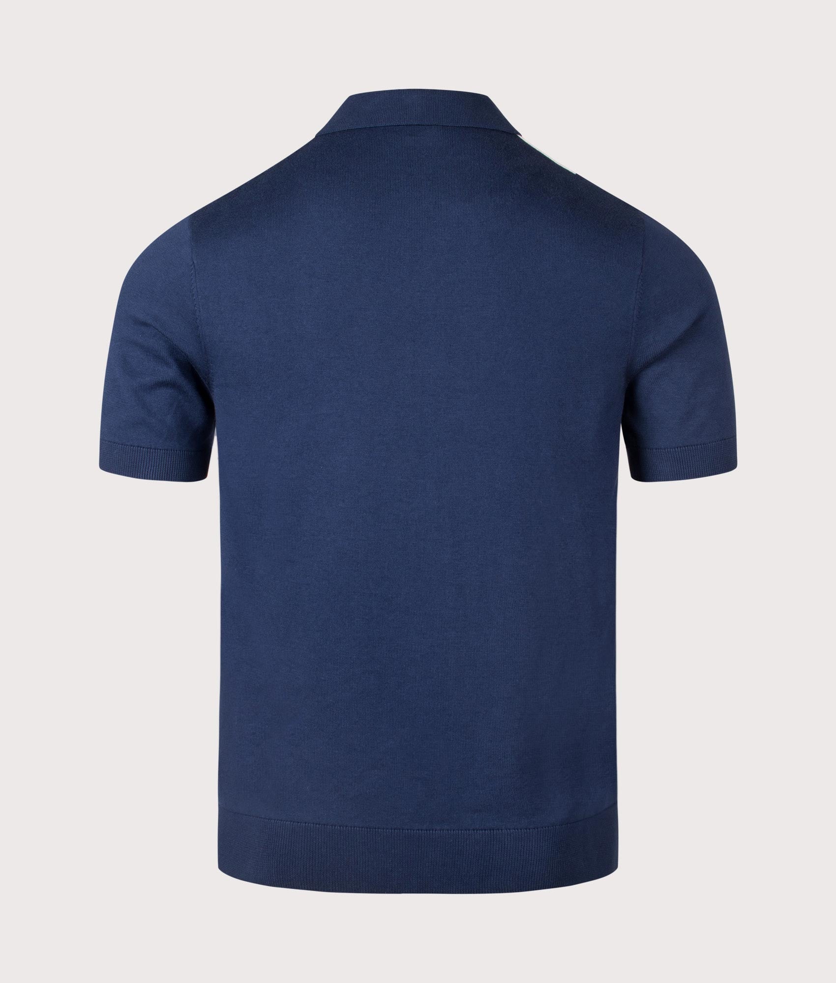 Fred Perry Vertical Stripe Zip Neck Polo Shirt in Tennis Blue/Silver Blue/Ecru. Shot at EQVVS.  Back shot. 