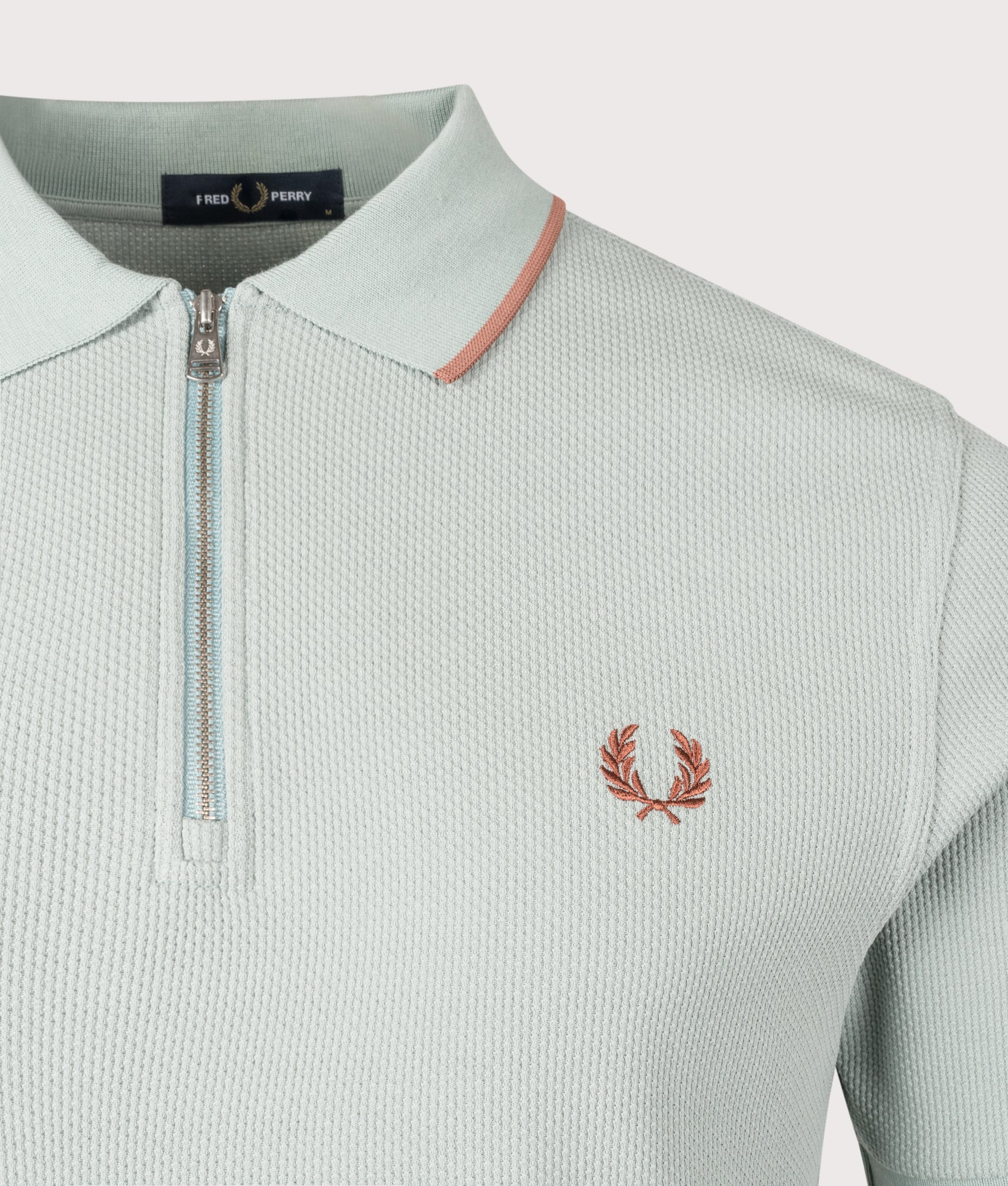 Fred Perry, Textured Zip Neck Polo Shirt, Silver Blue, Eqvvs Menswear, detailed shot angle