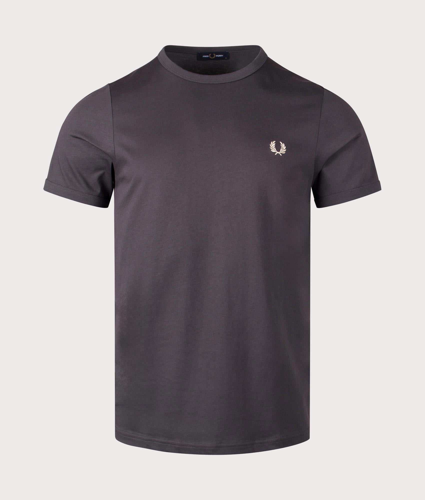 Fred Perry Ringer T-Shirt in Anchor Grey. Shot at EQVVS. Front shot. 