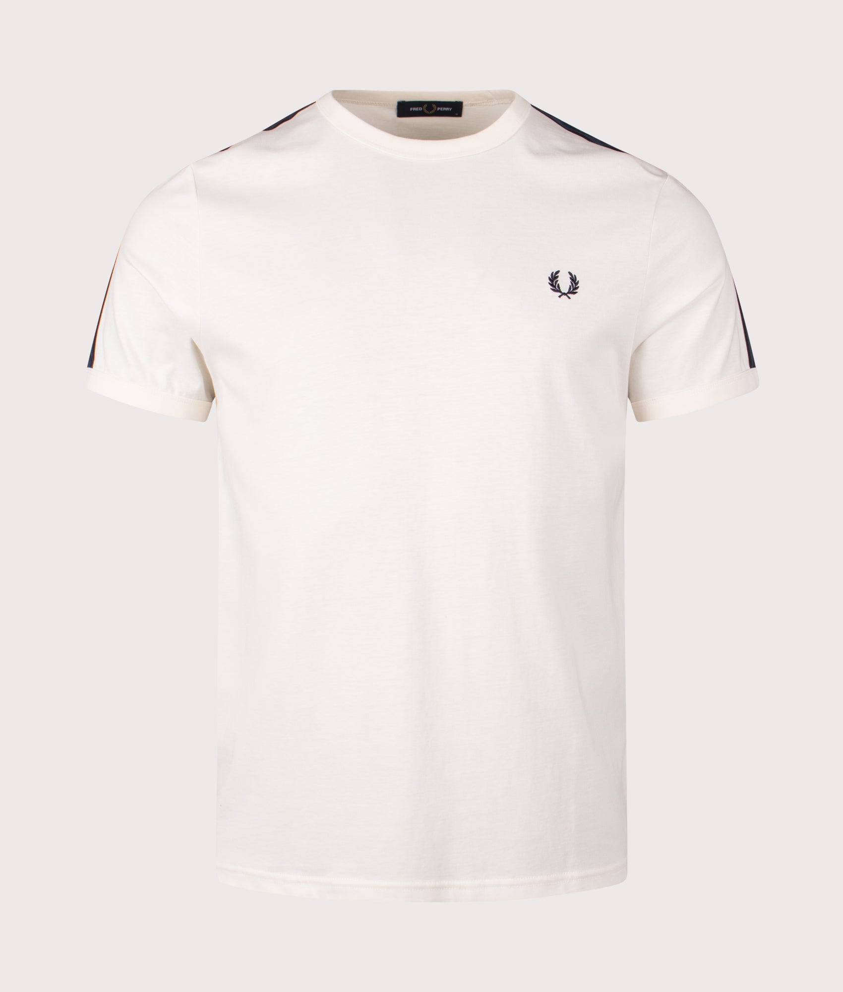 Fred Perry Contrast Tape Ringer T-Shirt in Ecru. Shot at EQVVS.  Front shot. 