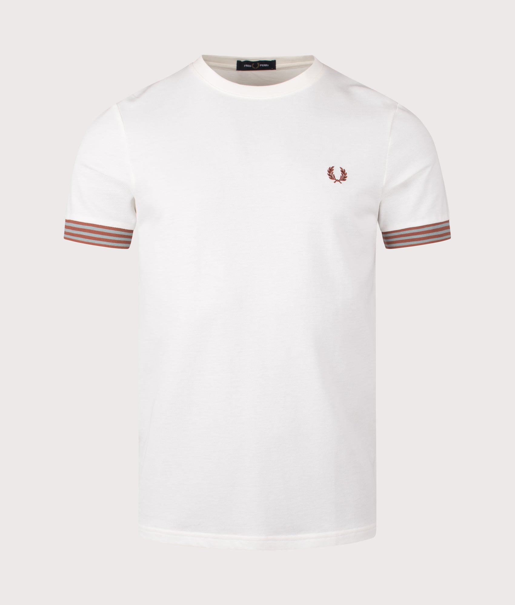 Fred Perry Striped Cuff T-Shirt in Light Ecru. Shot at EQVVS.  Front shot. 