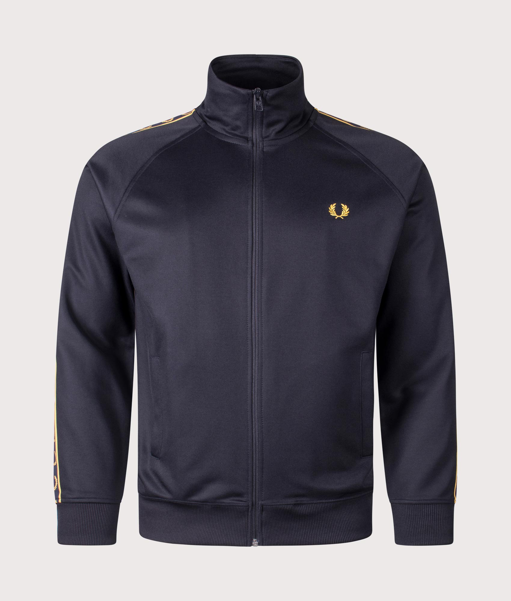 Fred Perry Contrast Tape Track Jacket in Navy/Honeycomb at EQVVS. Front shot.