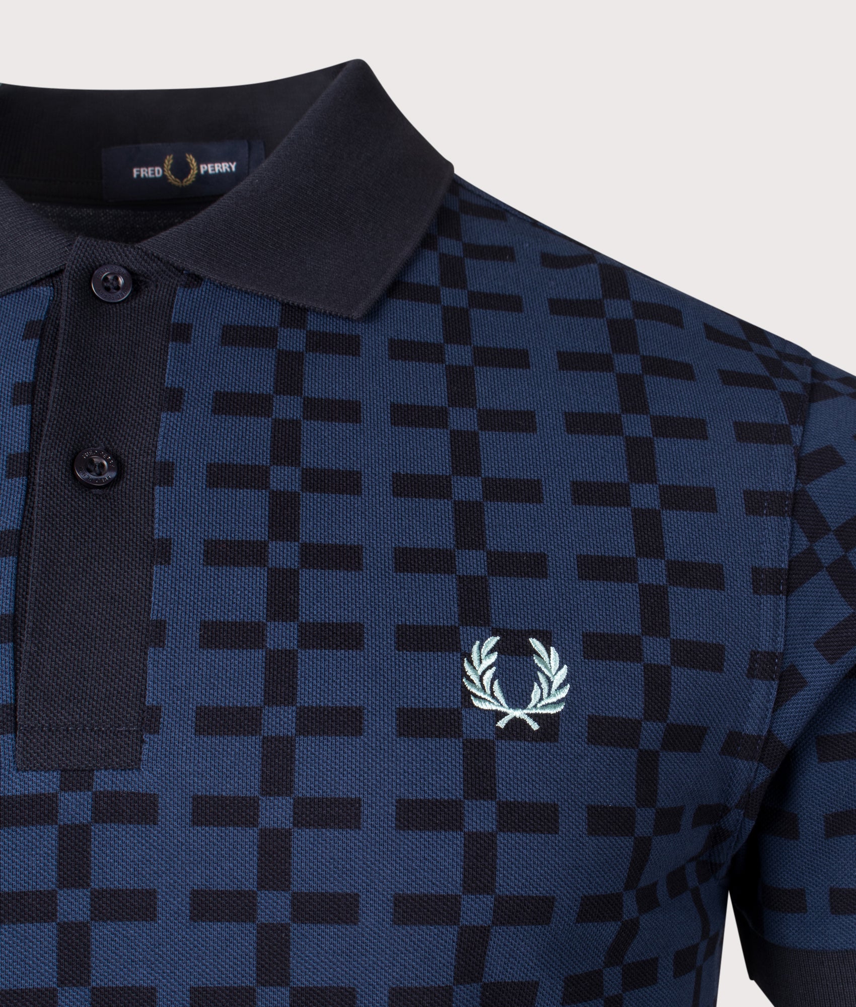 Fred Perry, Jacquard Print Polo Shirt, Tennis Blue, Eqvvs Menswear, detailed shot angle