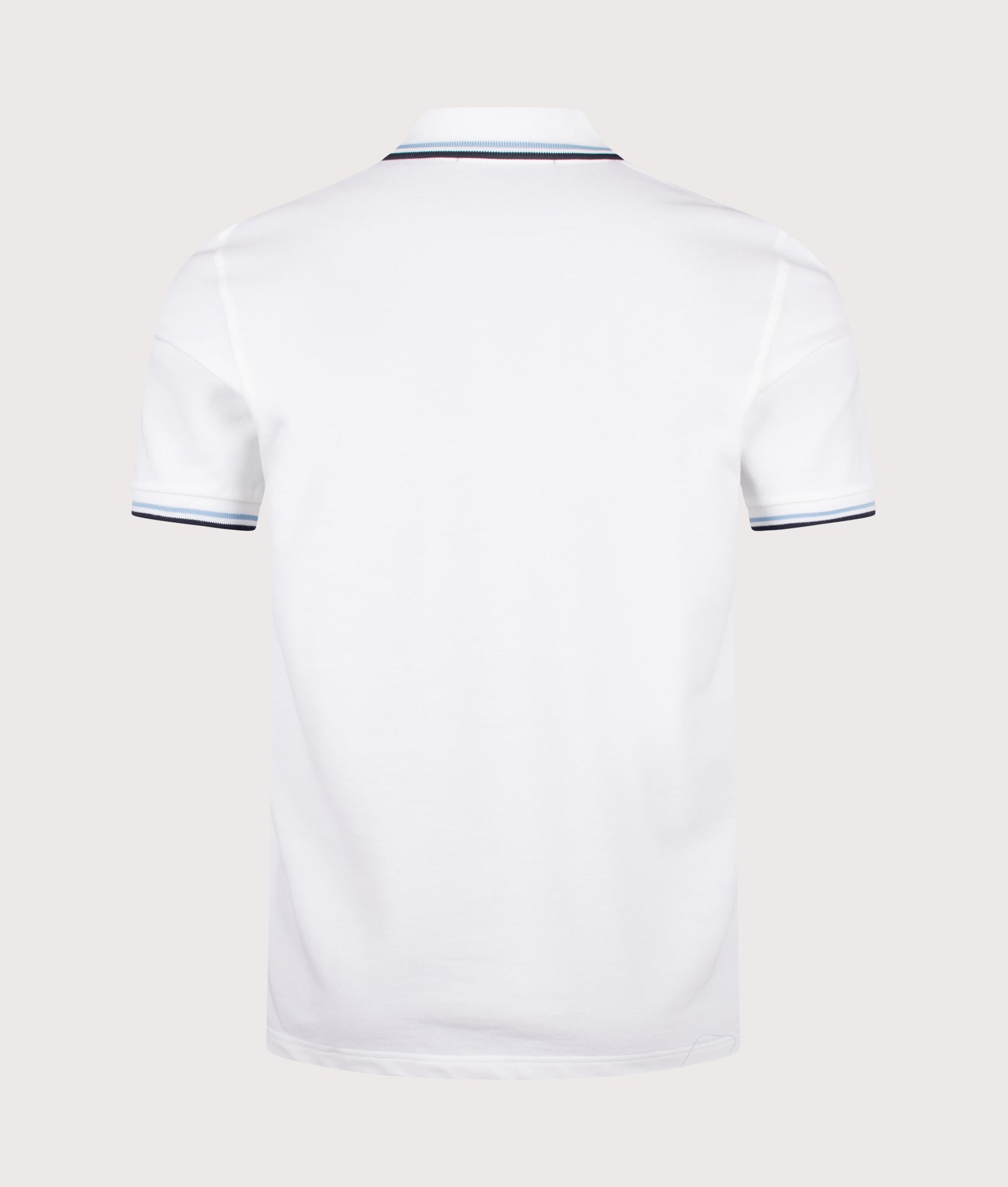 Fred Perry M12 Twin Tipped Fred Perry Polo Shirt in White, Ice and Navy at EQVVS Menswear. Back shot.